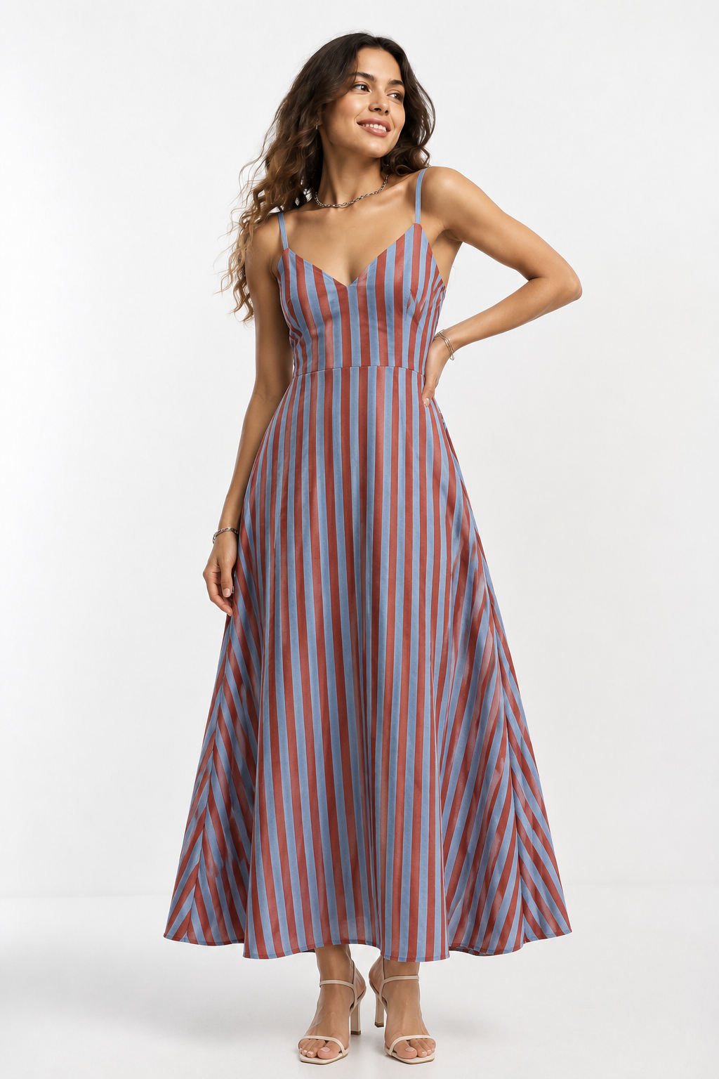 Blue and brown stripe maxi dress