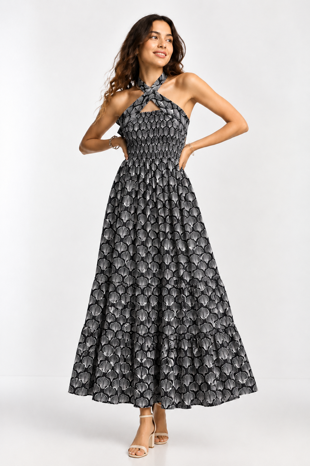 Noir Bloom Halter Maxi Dress